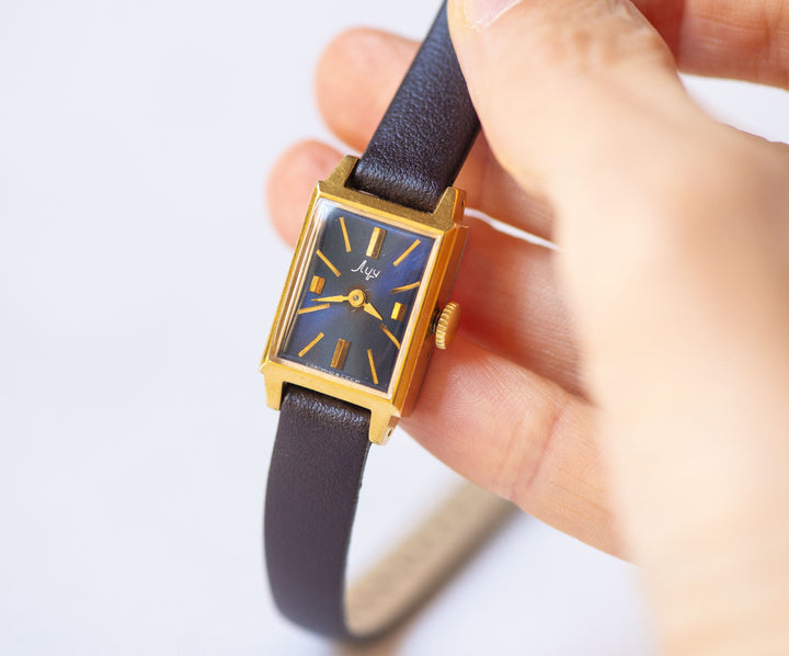 Small women watch rectangular Ray gold plated, navy blue dial women watch vintage gift, lady watch minimalist, new premium leather strap