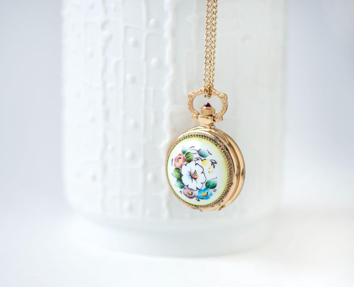 Flowers round pendant watch women's necklace painted porcelain Seagull, vintage gold shade boho accessory limited edition gift jewelry Xmas