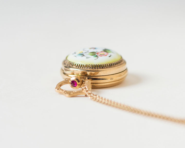 Flowers round pendant watch women's necklace painted porcelain Seagull, vintage gold shade boho accessory limited edition gift jewelry Xmas