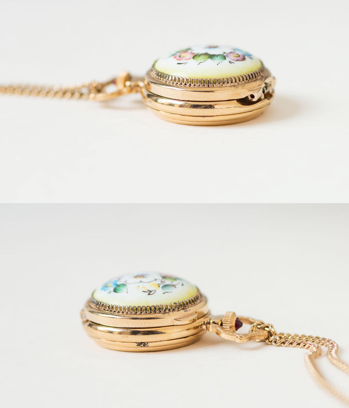 Flowers round pendant watch women's necklace painted porcelain Seagull, vintage gold shade boho accessory limited edition gift jewelry Xmas