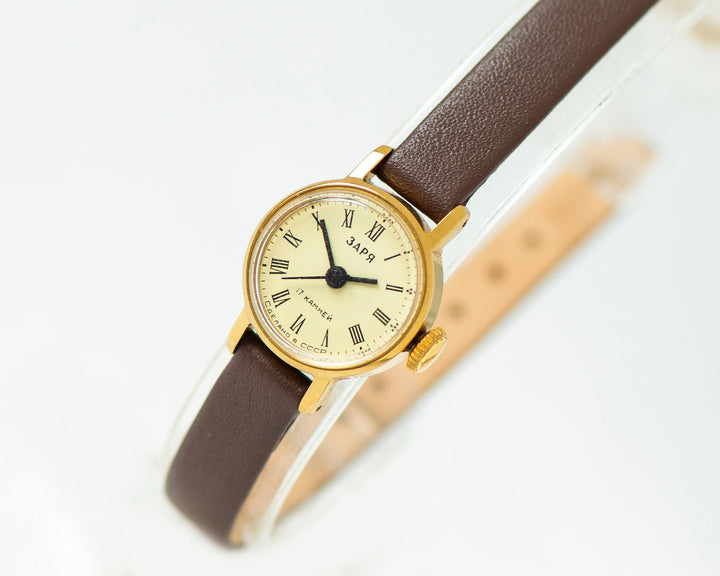 Super small women watch Dawn mint condition gold shade vintage watch smallest Roman numerals dial, genuine leather strap new OneEraLate shop