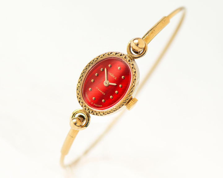 Women cocktail watch bracelet Seagull, lady watch red tiny gold shade vintage, oval classic lady watch tiny bangle, delicate watch gift