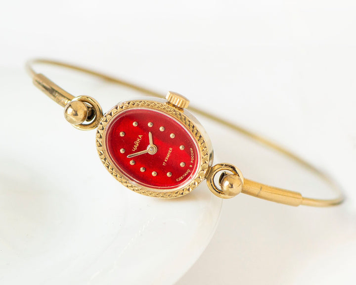 Women cocktail watch bracelet Seagull, lady watch red tiny gold shade vintage, oval classic lady watch tiny bangle, delicate watch gift