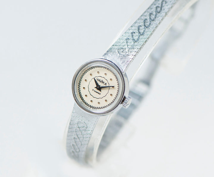 Vintage women cocktail wristwatch silver shade chic jewelry, minimalist dial lady watch Seagull, delicate lady accessory sleek bracelet