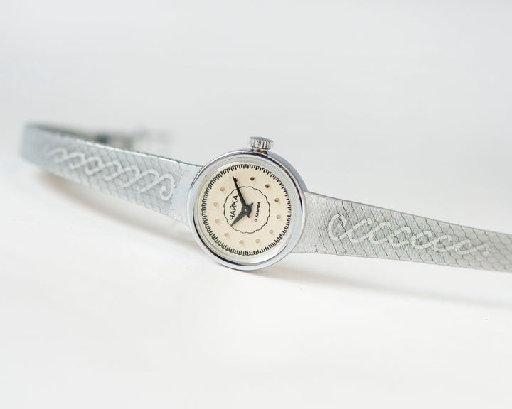 Vintage women cocktail wristwatch silver shade chic jewelry, minimalist dial lady watch Seagull, delicate lady accessory sleek bracelet