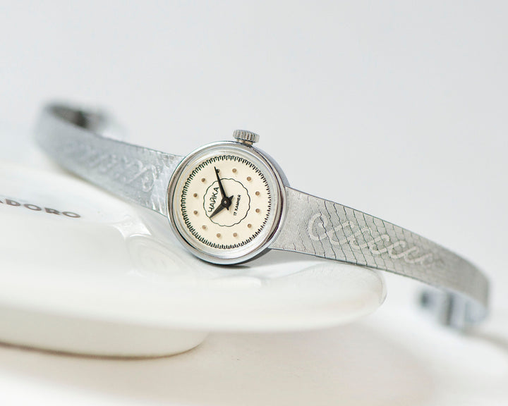 Vintage women cocktail wristwatch silver shade chic jewelry, minimalist dial lady watch Seagull, delicate lady accessory sleek bracelet