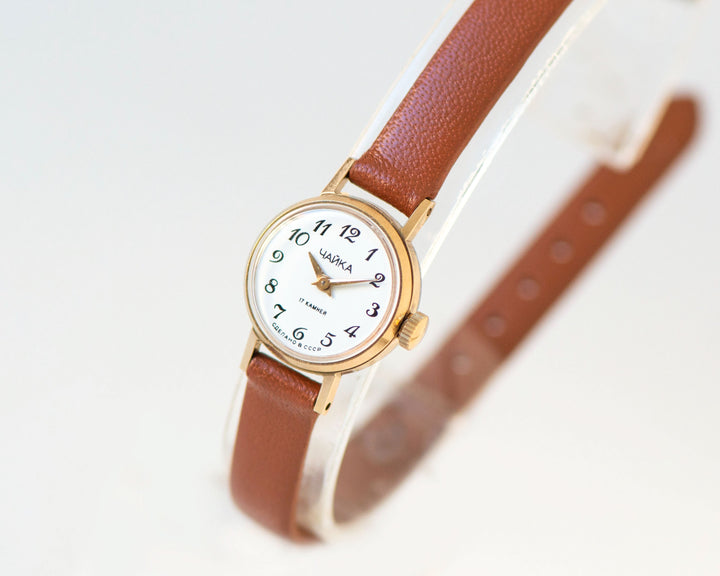 Unused lady wristwatch micro size Seagull gold plated, women watch classic jewelry vintage tiny gift, new premium leather strap OneEraLate