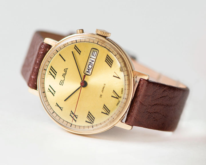 Modern unisex watch Glory vintage, gold plated men watch, light yellow face watch him, minimalist watch for men, new premium leather strap