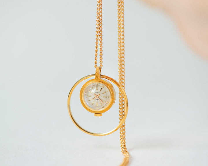 Delicate watch necklace Seagull minimalist gift, vintage pendant watch gold plated ring case, limited edition lady neck accessory jewelry