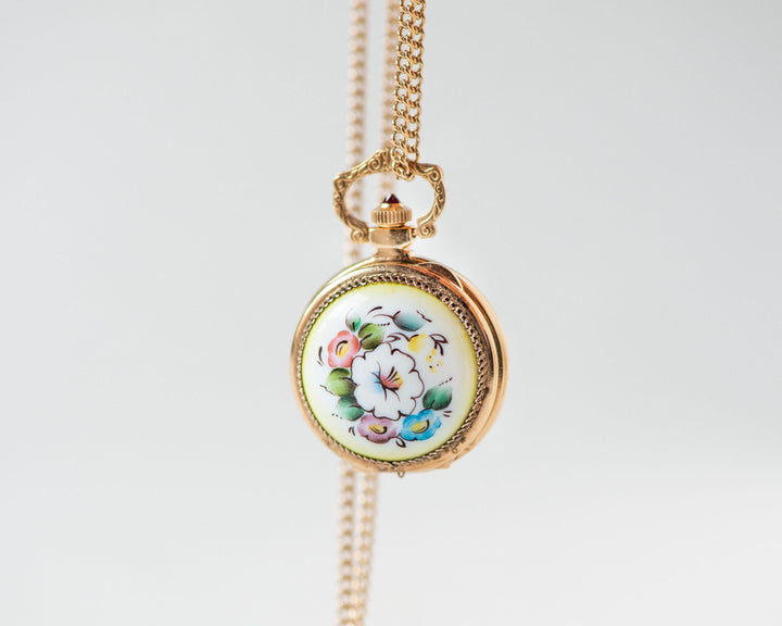 Flowers round pendant watch women's necklace painted porcelain Seagull, vintage gold shade boho accessory limited edition gift jewelry Xmas