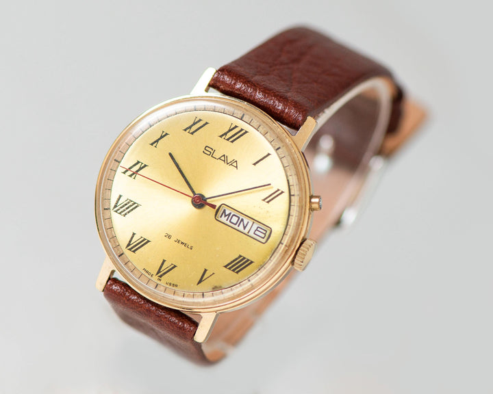 Modern unisex watch Glory vintage, gold plated men watch, light yellow face watch him, minimalist watch for men, new premium leather strap