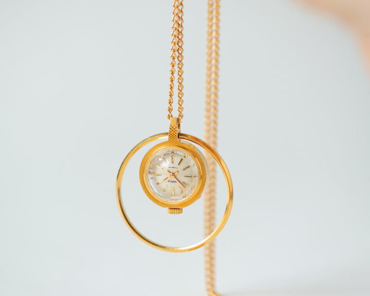 Delicate watch necklace Seagull minimalist gift, vintage pendant watch gold plated ring case, limited edition lady neck accessory jewelry