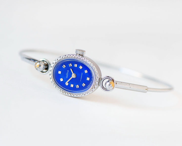 Vintage cocktail watch for women navy blue face Seagull, small oval women's watch, tiny ring bracelet girl watch silver shade party jewelry