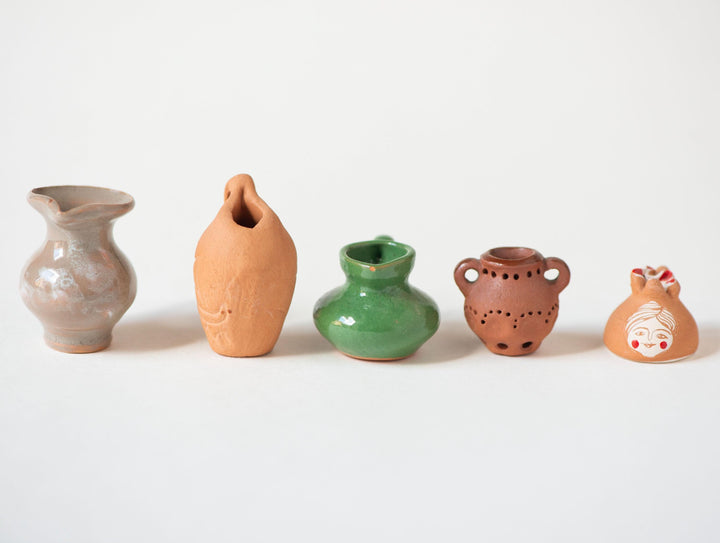 Delicate jars set 5 little pitchers handmade pottery home decor or accessory, Lithuanian clay pitchers native pattern glazed souvenirs gift