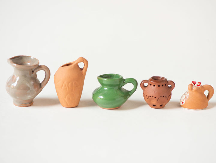 Delicate jars set 5 little pitchers handmade pottery home decor or accessory, Lithuanian clay pitchers native pattern glazed souvenirs gift