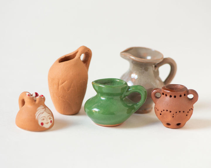 Delicate jars set 5 little pitchers handmade pottery home decor or accessory, Lithuanian clay pitchers native pattern glazed souvenirs gift