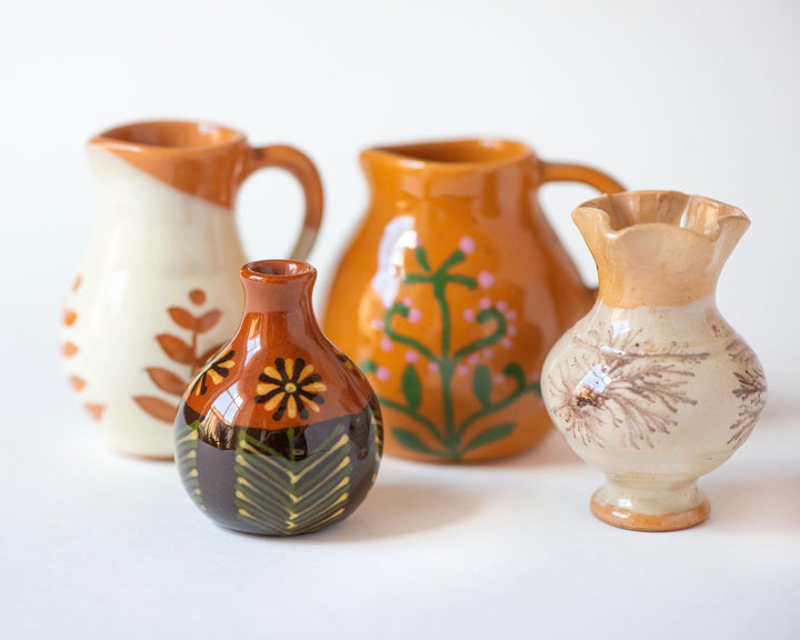 Set of 4 tiny pitchers vases handmade pottery for home decor or accessory, Lithuanian clay pitchers native pattern glazed souvenirs gift