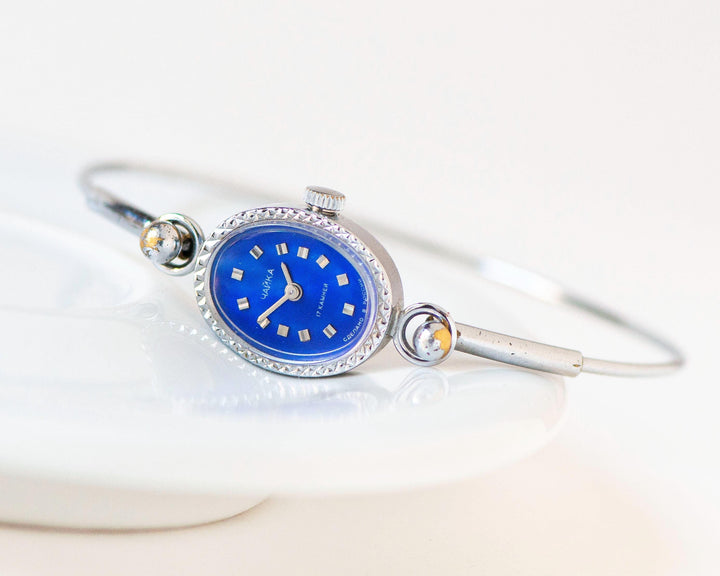 Vintage cocktail watch for women navy blue face Seagull, small oval women's watch, tiny ring bracelet girl watch silver shade party jewelry