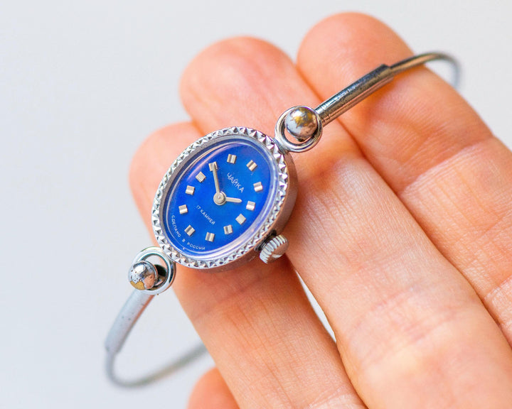 Vintage cocktail watch for women navy blue face Seagull, small oval women's watch, tiny ring bracelet girl watch silver shade party jewelry