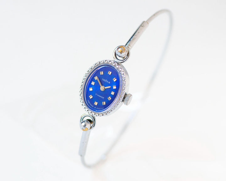 Vintage cocktail watch for women navy blue face Seagull, small oval women's watch, tiny ring bracelet girl watch silver shade party jewelry