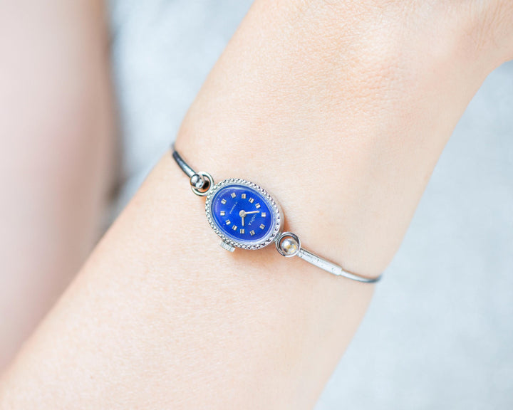 Vintage cocktail watch for women navy blue face Seagull, small oval women's watch, tiny ring bracelet girl watch silver shade party jewelry