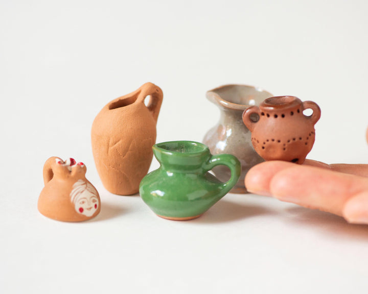 Delicate jars set 5 little pitchers handmade pottery home decor or accessory, Lithuanian clay pitchers native pattern glazed souvenirs gift