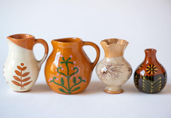 Set of 4 tiny pitchers vases handmade pottery for home decor or accessory, Lithuanian clay pitchers native pattern glazed souvenirs gift