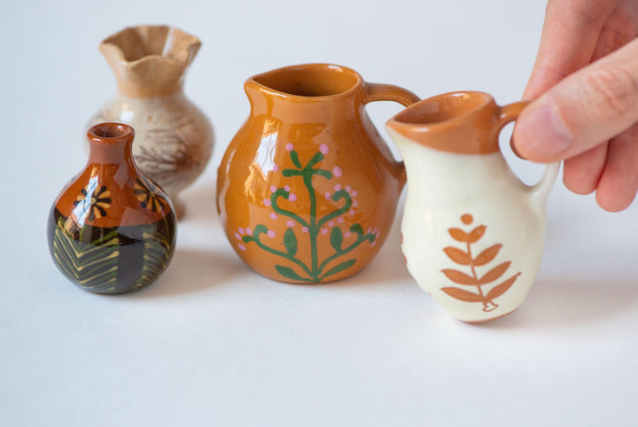 Set of 4 tiny pitchers vases handmade pottery for home decor or accessory, Lithuanian clay pitchers native pattern glazed souvenirs gift