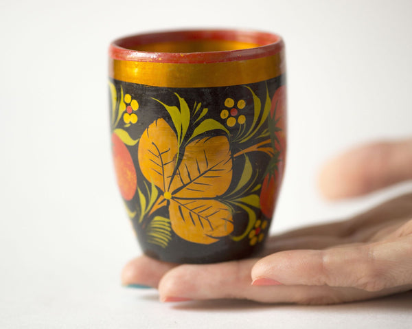 Vintage wooden cup Khokhloma painting, hand painted Slavic folk art cup, berries decor black red gold shades vase gift idea, home decor cup