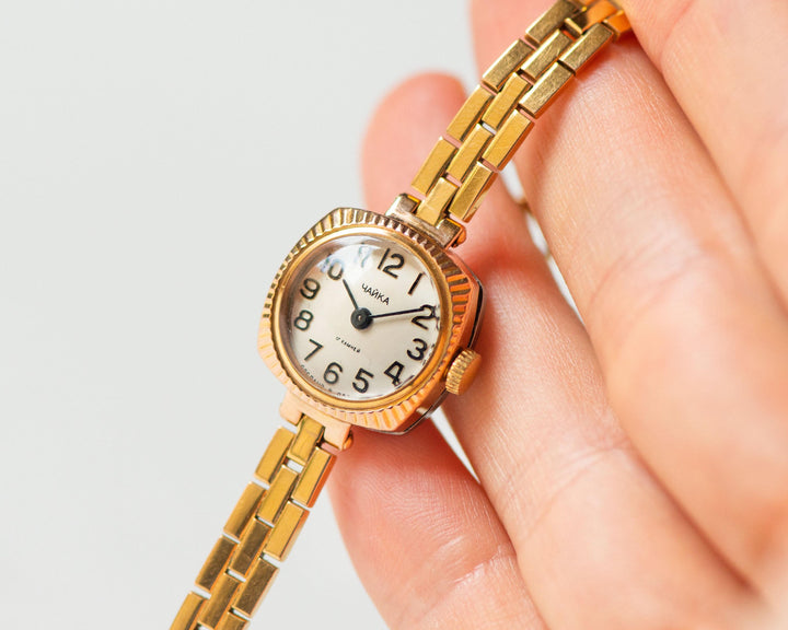 Women cocktail watch gold plated square Seagull, elegant bracelet evening watch sunburst vintage lady wrist accessory retro jewelry gift