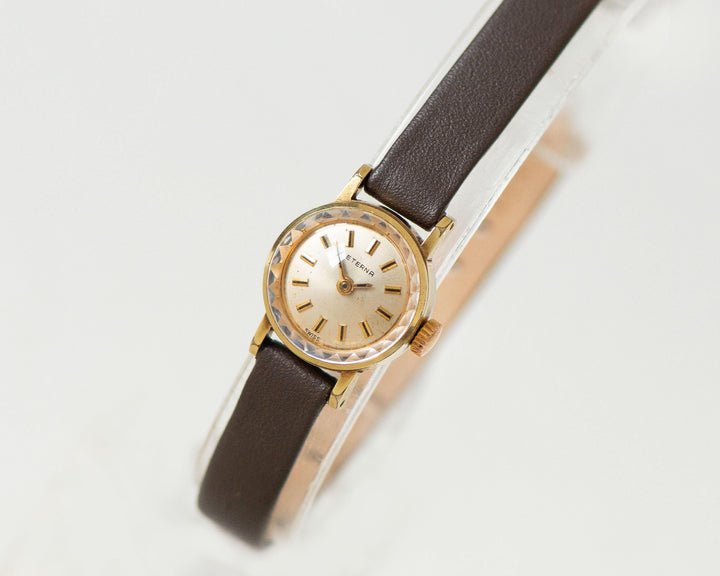 Women's wristwatch Eterna gold plated vintage, lady watch tiny case unique gift, dainty timepiece jewelry girl, new genuine leather strap