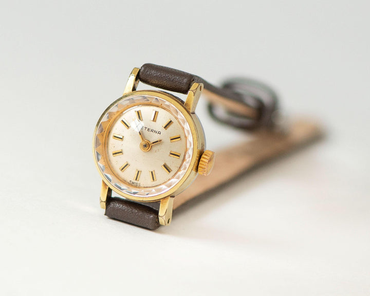 Women's wristwatch Eterna gold plated vintage, lady watch tiny case unique gift, dainty timepiece jewelry girl, new genuine leather strap