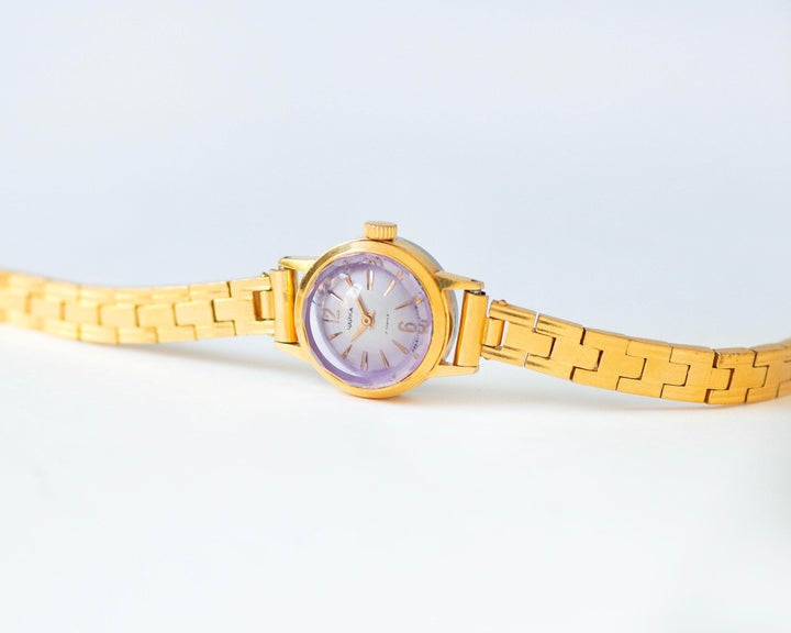 Cocktail wristwatch Seagull gold plated round, dainty women watch, classic tiny bracelet retro gift, pink cover dial, OneEraLate shop