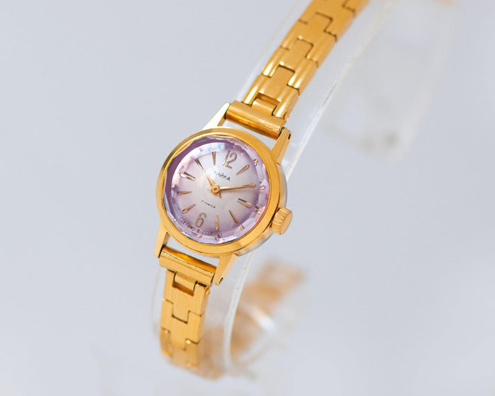 Cocktail wristwatch Seagull gold plated round, dainty women watch, classic tiny bracelet retro gift, pink cover dial, OneEraLate shop