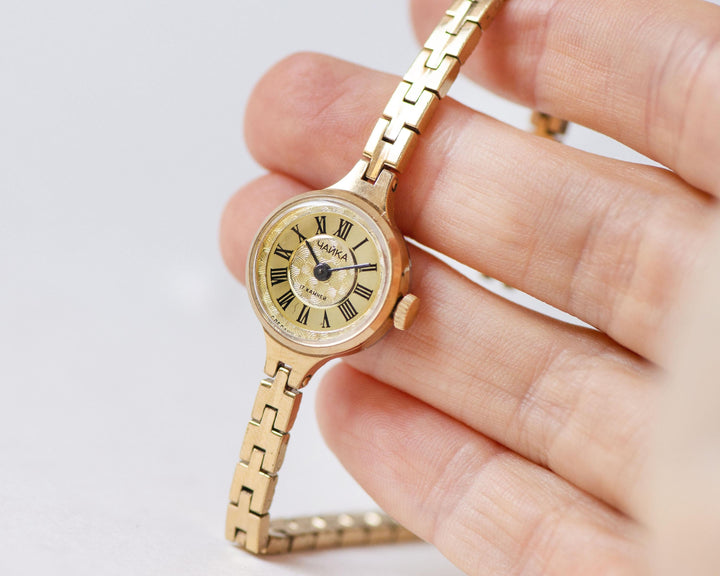 Women's Watch Cocktail Bracelet Vintage Seagull, Women's Wristwatch Gold Plated Watch Tiny Roman numerals, Delicate Womens Timepiece Gift