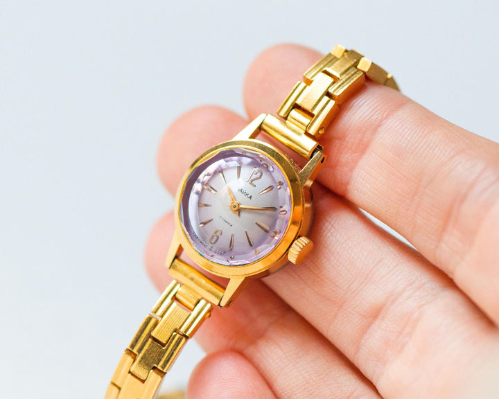 Cocktail wristwatch Seagull gold plated round, dainty women watch, classic tiny bracelet retro gift, pink cover dial, OneEraLate shop