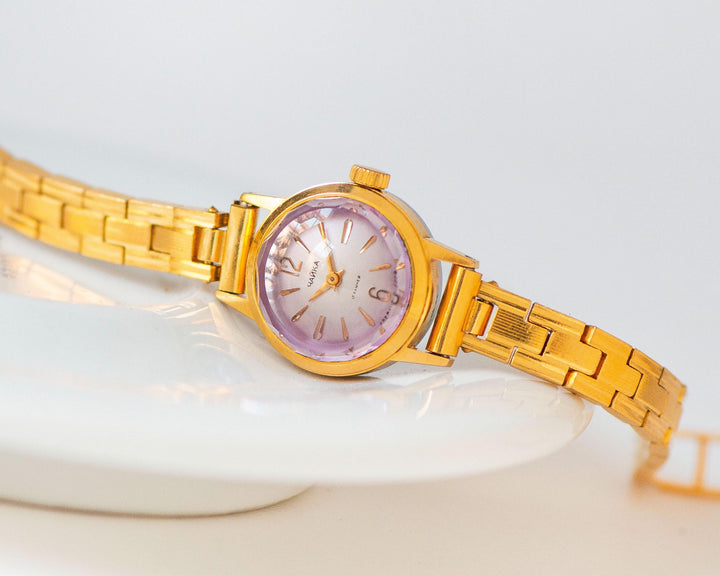 Cocktail wristwatch Seagull gold plated round, dainty women watch, classic tiny bracelet retro gift, pink cover dial, OneEraLate shop