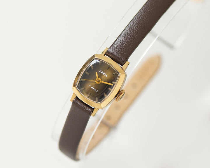 Unique lady wristwatch micro size Dawn gold plated brown dial, women watch classic unused vintage, tiny gift new genuine leather strap