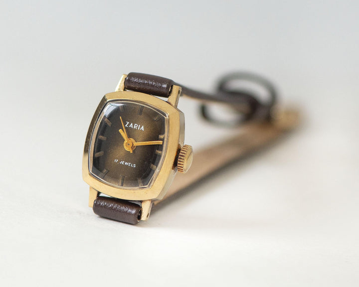 Unique lady wristwatch micro size Dawn gold plated brown dial, women watch classic unused vintage, tiny gift new genuine leather strap