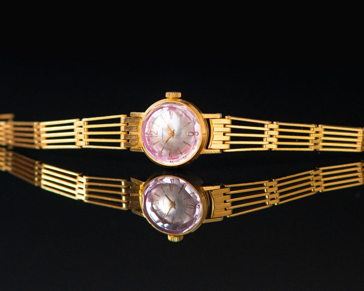 Gold plated cocktail watch for women pink cover, retro women watch Seagull tiny vintage rare design watch classic jewelry bride gift