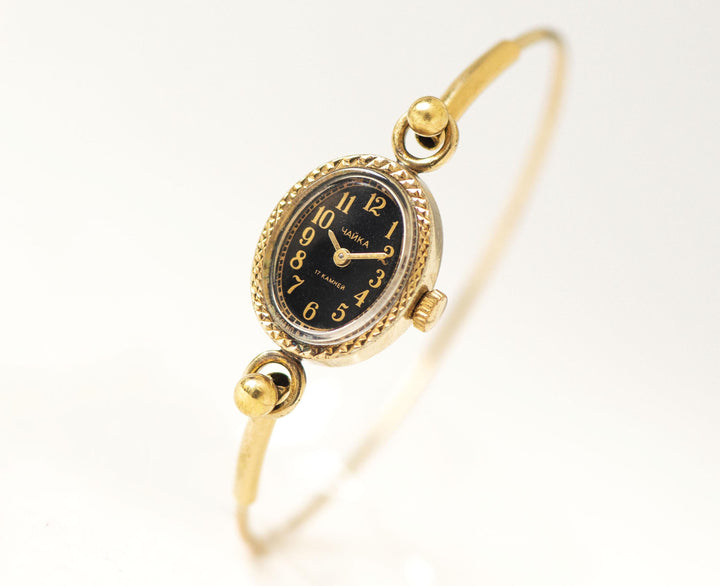 Women cocktail watch gold plated oval Seagull authentic design vintage minimalist lady tiny bracelet watch black dial accessory jewelry gift