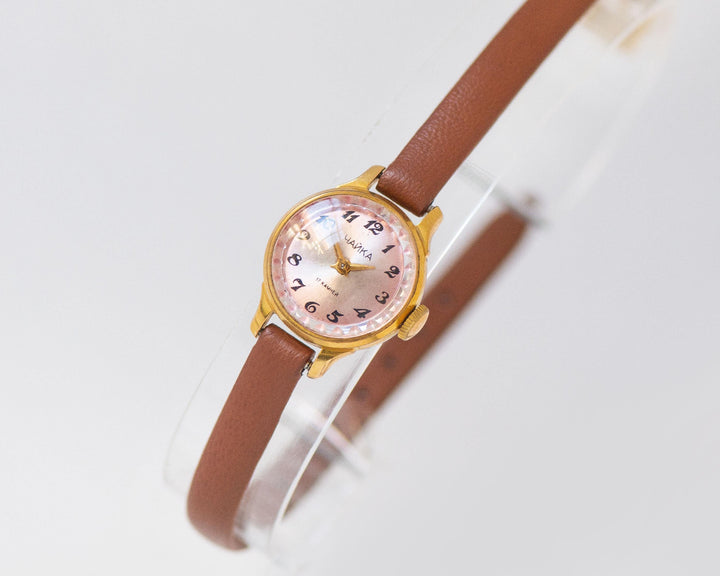 Mint condition women's wristwatch Seagull gold plated, pink watch dial chic watch jewelry gift, micro watch, new premium leather strap