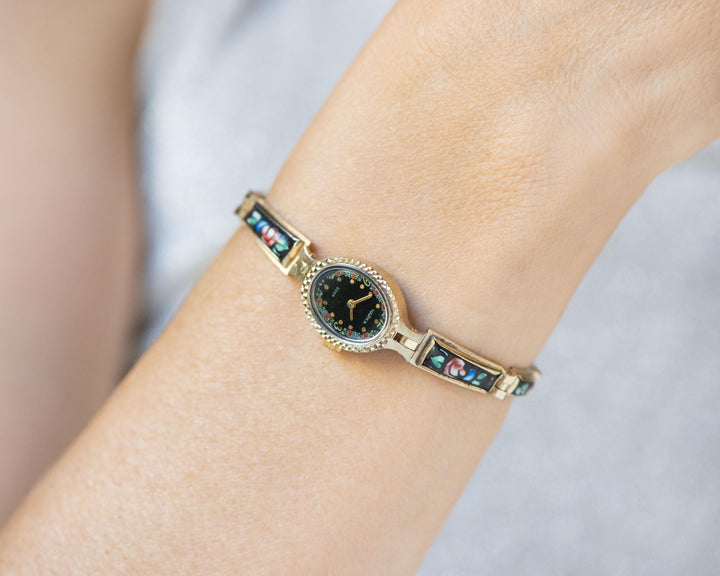 Rare women's wristwatch black floral vintage Seagull, cocktail jewelry watch ceramic bracelet gold shade watch gift, oval watch boho style