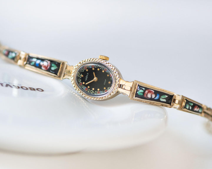 Rare women's wristwatch black floral vintage Seagull, cocktail jewelry watch ceramic bracelet gold shade watch gift, oval watch boho style