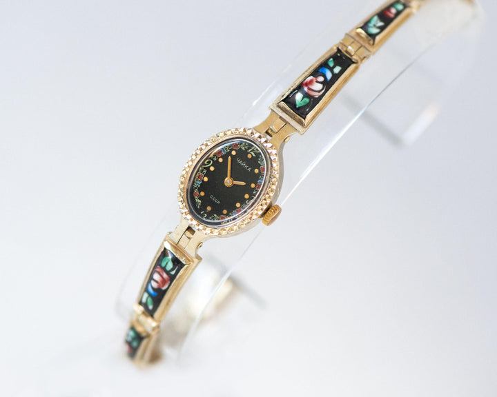 Rare women's wristwatch black floral vintage Seagull, cocktail jewelry watch ceramic bracelet gold shade watch gift, oval watch boho style