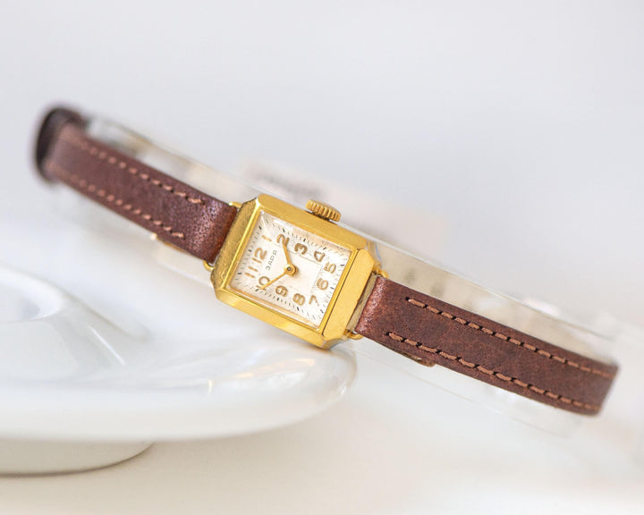 Retro women's watch Dawn minimalist gold plated lady watch vintage, Arabic numerals rectangular watch gift new premium leather band