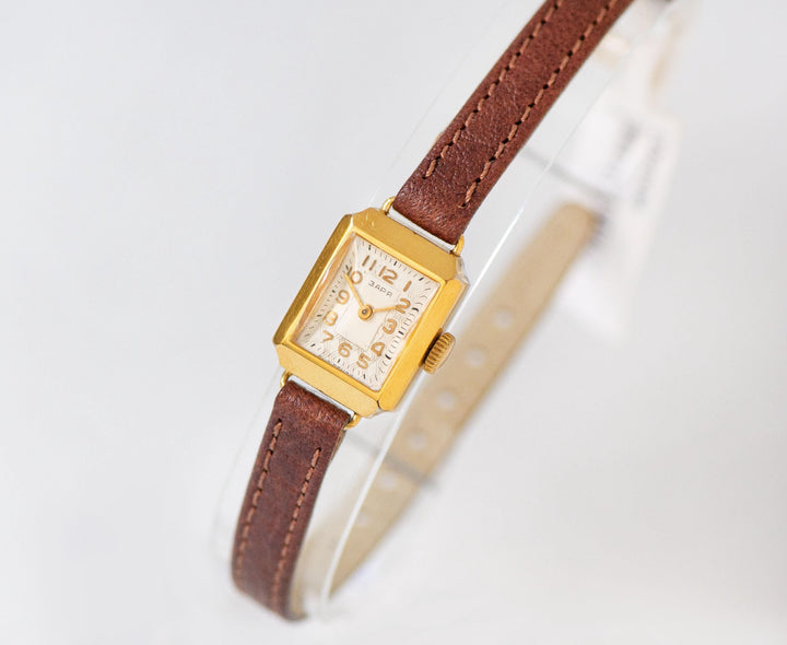 Retro women's watch Dawn minimalist gold plated lady watch vintage, Arabic numerals rectangular watch gift new premium leather band