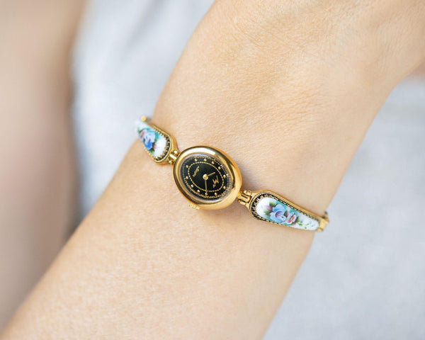 Black Floral Women's Watch Quartz, cocktail wristwatch for women Ray, oval watch gold shade case gift, small roses on bracelet vintage boho