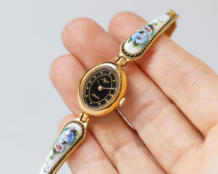 Black Floral Women's Watch Quartz, cocktail wristwatch for women Ray, oval watch gold shade case gift, small roses on bracelet vintage boho