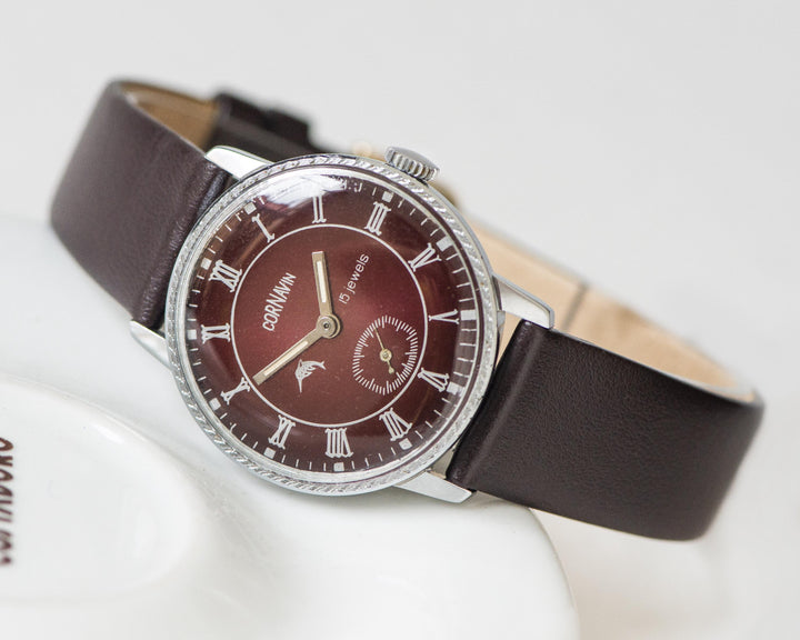 Vintage dark burgundy unisex wristwatch CORNAVIN, Roman numerals tomboy watch dolphin dial, watch for boyfriend, new premium leather strap